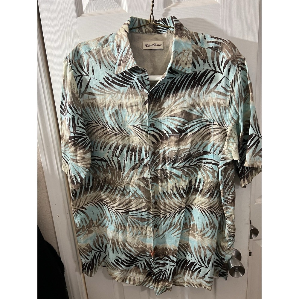 Caribbean Mens Shirt Size LT Blue Brown Button Down Short Sleeve Pocket Linen